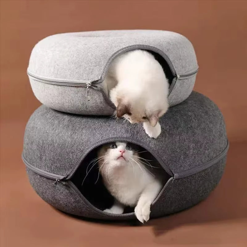 Interactive Donut Cat Bed & Tunnel - Dual-Use Indoor Playhouse for Kittens and Cats