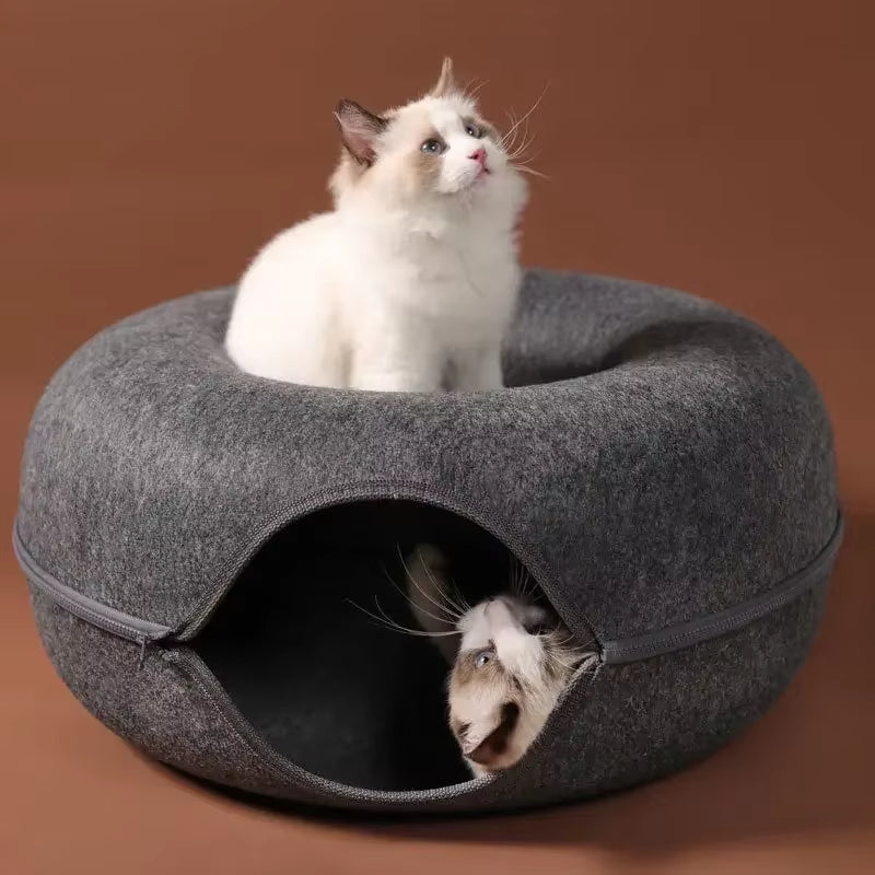 Interactive Donut Cat Bed & Tunnel - Dual-Use Indoor Playhouse for Kittens and Cats