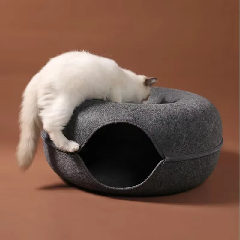 Interactive Donut Cat Bed & Tunnel - Dual-Use Indoor Playhouse for Kittens and Cats